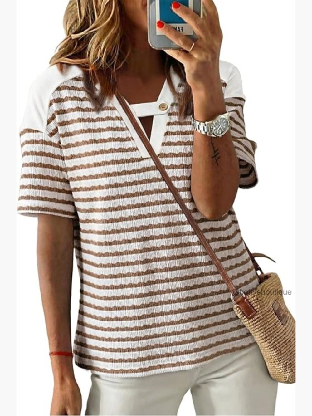 V-Neck Striped Color Block T-Shirt Short Sleeve Casual